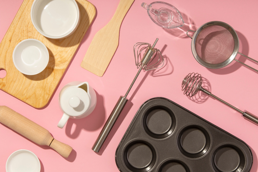 top view supplies composition with pink background