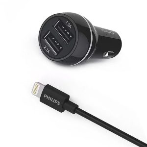 ŁADOWARKA SAMOCHODOWA 2A+1A CZARNA PHILIPS + KABEL IPHONE MFI 3100mA 2XUSB DUAL 15.5W QUICK CHARGE Phil-DLP2357V/10 5 zdj 4895185614502 2