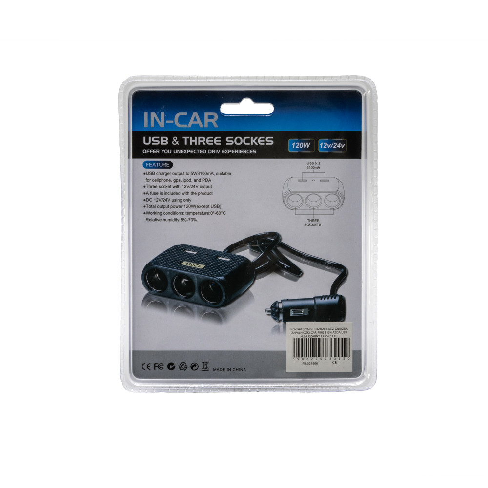ECOBOX ROZGAŁĘZIACZ ROZDZIELACZ GNIAZDA ZAPALNICZKI CAR FIRE 3 GNIAZDA + USB 4.2A CZARNY 120W 3 ECOBOX ROZGAŁĘZIACZ ROZDZIELACZ GNIAZDA ZAPALNICZKI CAR FIRE 3 GNIAZDA + USB 4.2A CZARNY 120W - obrazek 3