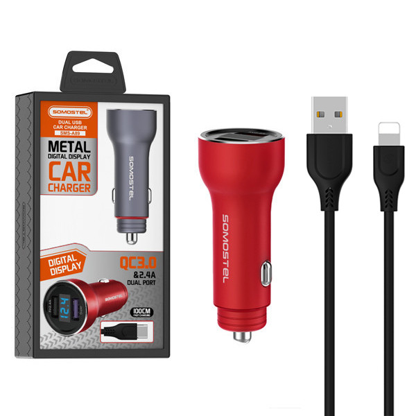 ŁADOWARKA SAMOCHODOWA 5A CZERWONY MIERNIK + KABEL IPHONE SOMOSTEL 30W 2XUSB DUAL SMS-A89 QUICK CHARGE QC 3.0 ALUMINIUM 1 ŁADOWARKA SAMOCHODOWA 5A CZERWONY MIERNIK + KABEL IPHONE SOMOSTEL 30W 2XUSB DUAL SMS-A89 QUICK CHARGE QC 3.0 ALUMINIUM