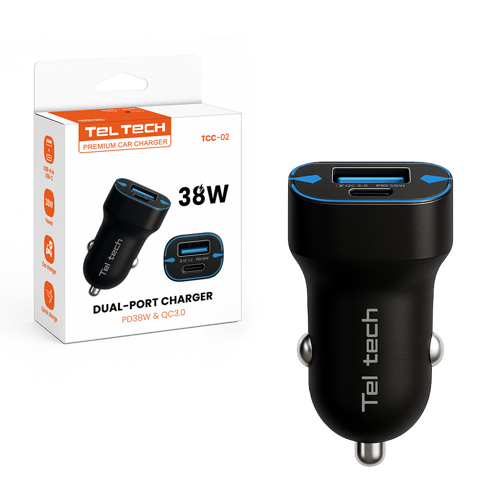 TELTECH ŁADOWARKA SAMOCHODOWA USB+TYP-C QC3.0+PD CZARNA 38W TCC-02 1 TELTECH ŁADOWARKA SAMOCHODOWA USB+TYP-C QC3.0+PD CZARNA 38W TCC-02
