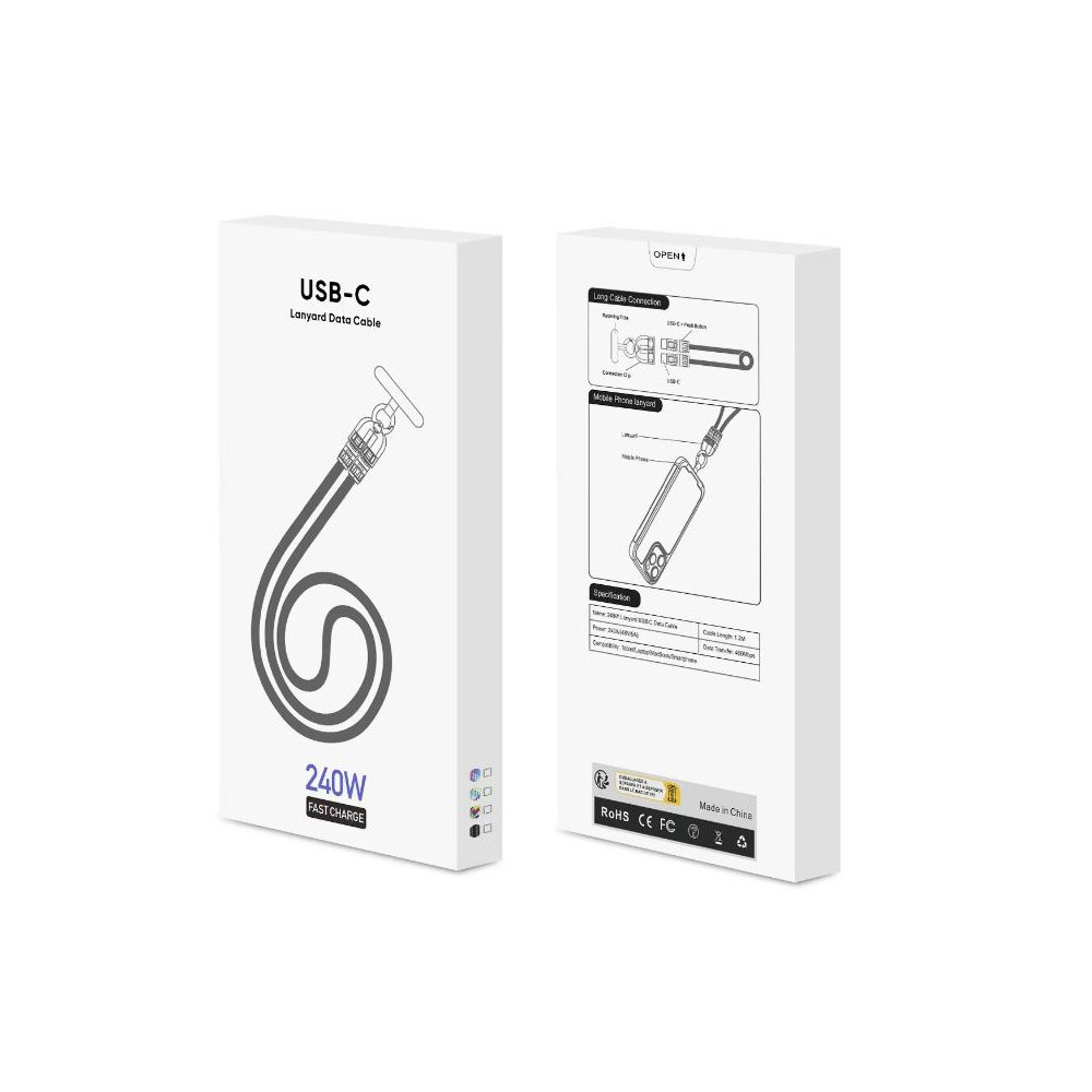 ECOBOX KABEL 240W TYP-C DO TYP-C SMYCZ NA SZYJE TĘCZA BIAŁA 3 ECOBOX KABEL 240W TYP-C DO TYP-C SMYCZ NA SZYJE TĘCZA BIAŁA - obrazek 3