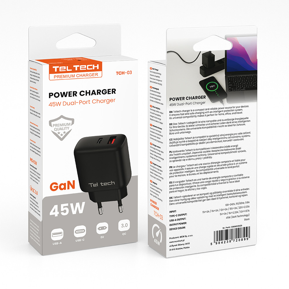 TELTECH ŁADOWARKA SIECIOWA GAN 45W USB+TYP-C CZARNY PD TCH-03 4 TELTECH ŁADOWARKA SIECIOWA GAN 45W USB+TYP-C CZARNY PD TCH-03 - obrazek 4