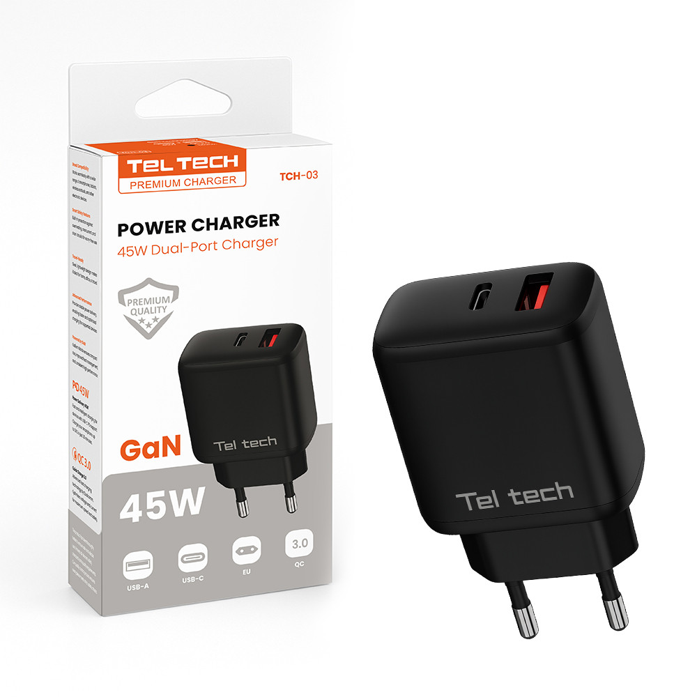 TELTECH ŁADOWARKA SIECIOWA GAN 45W USB+TYP-C CZARNY PD TCH-03 1 TELTECH ŁADOWARKA SIECIOWA GAN 45W USB+TYP-C CZARNY PD TCH-03