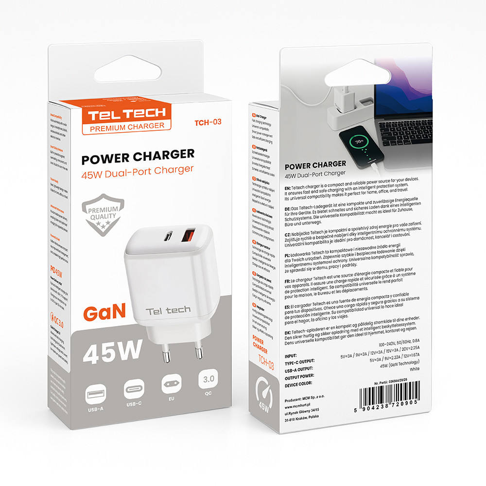 TELTECH ŁADOWARKA SIECIOWA GAN 45W BIAŁY USB+TYP-C TCH-03 4 TELTECH ŁADOWARKA SIECIOWA GAN 45W BIAŁY USB+TYP-C TCH-03 - obrazek 4