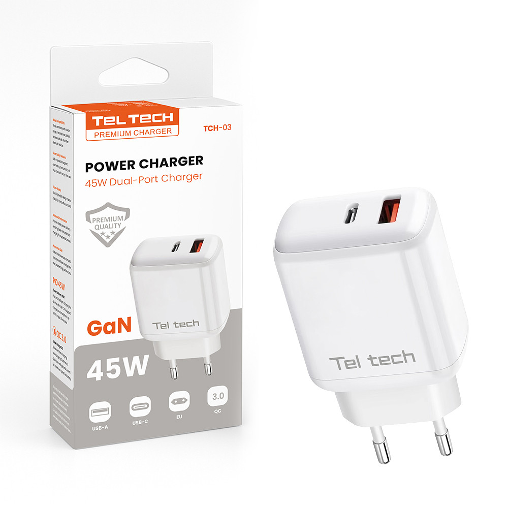 TELTECH ŁADOWARKA SIECIOWA GAN 45W BIAŁY USB+TYP-C TCH-03 1 TELTECH ŁADOWARKA SIECIOWA GAN 45W BIAŁY USB+TYP-C TCH-03