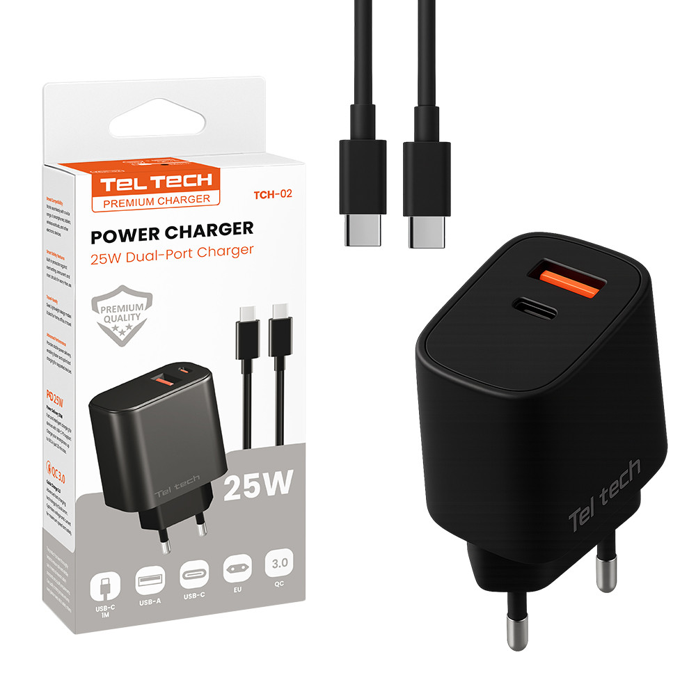 TELTECH ŁADOWARKA SIECIOWA 25W USB+TYP-C + KABEL TYP-C/TYP-C PD CZARNY TCH-02 1 TELTECH ŁADOWARKA SIECIOWA 25W USB+TYP-C + KABEL TYP-C/TYP-C PD CZARNY TCH-02