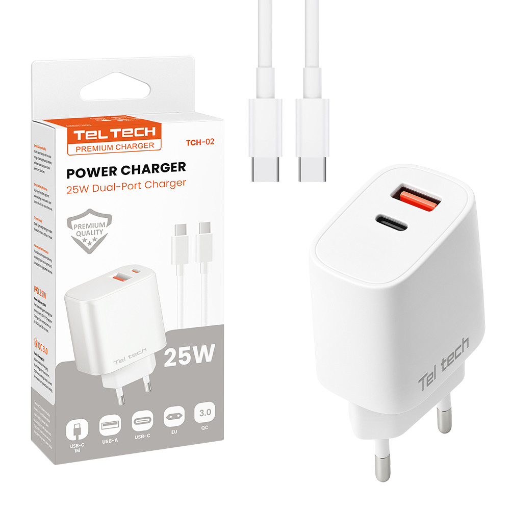 TELTECH ŁADOWARKA SIECIOWA 25W USB+TYP-C + KABEL TYP-C/TYP-C PD BIAŁY TCH-02 1 TELTECH ŁADOWARKA SIECIOWA 25W USB+TYP-C + KABEL TYP-C/TYP-C PD BIAŁY TCH-02