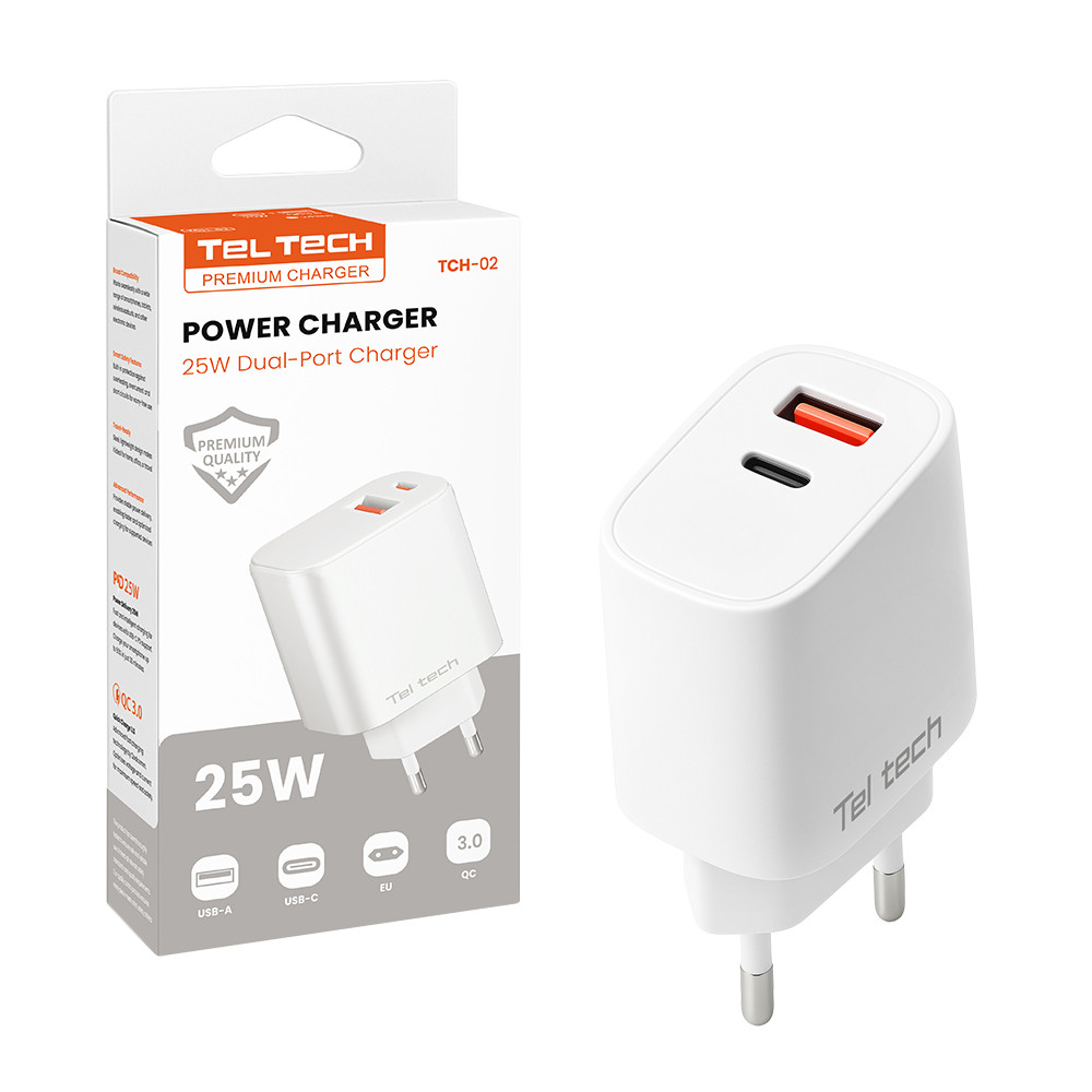 TELTECH ŁADOWARKA SIECIOWA 25W BIAŁY USB+TYP-C TCH-02 1 TELTECH ŁADOWARKA SIECIOWA 25W BIAŁY USB+TYP-C TCH-02