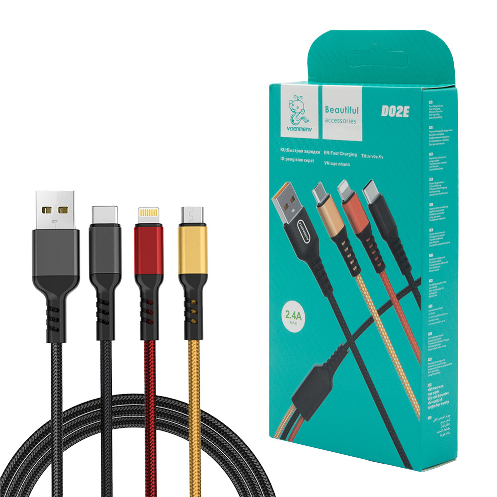KABEL USB 3W1 DENMEN KOLOR 2,4A 1M WZMACNIANY OPLOT D02E 1 KABEL USB 3W1 DENMEN KOLOR 2,4A 1M WZMACNIANY OPLOT D02E