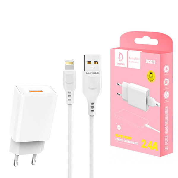 ŁADOWARKA SIECIOWA 2.4A + KABEL USB IPHONE BIAŁA DENMEN 2400mA DC01 12W 1 ŁADOWARKA SIECIOWA 2.4A + KABEL USB IPHONE BIAŁA DENMEN 2400mA DC01 12W