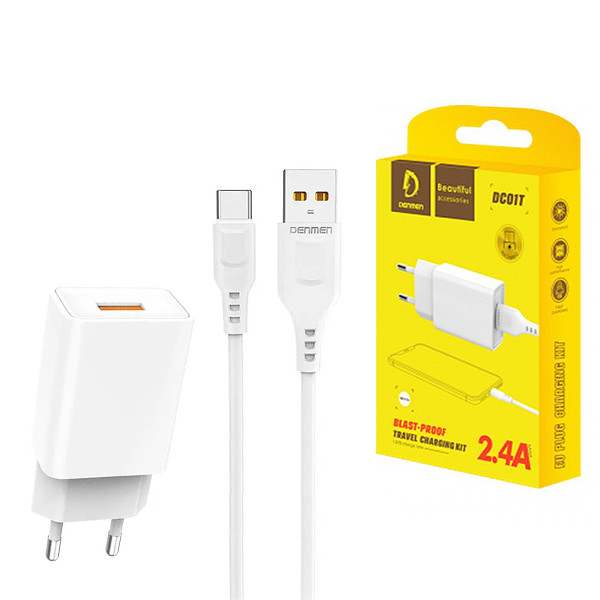 ŁADOWARKA SIECIOWA 2.4A + KABEL TYP-C USB BIAŁA DENMEN 2400mA DC01 12W 1 ŁADOWARKA SIECIOWA 2.4A + KABEL TYP-C USB BIAŁA DENMEN 2400mA DC01 12W