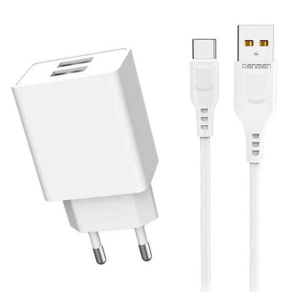 ŁADOWARKA SIECIOWA 2.1A 10W BIAŁA DENMEN 2100mA 2xUSB DC02 + KABEL TYP-C BIAŁY 1M 2 ŁADOWARKA SIECIOWA 2.1A 10W BIAŁA DENMEN 2100mA 2xUSB DC02 + KABEL TYP-C BIAŁY 1M - obrazek 2