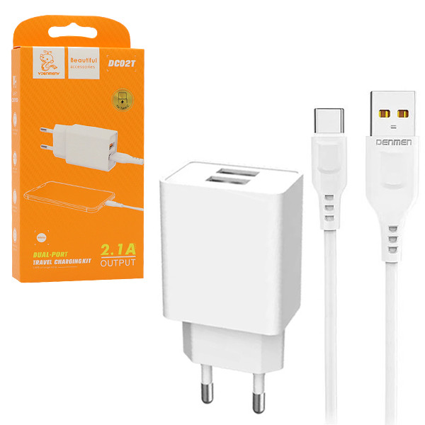 ŁADOWARKA SIECIOWA 2.1A 10W BIAŁA DENMEN 2100mA 2xUSB DC02 + KABEL TYP-C BIAŁY 1M 1 ŁADOWARKA SIECIOWA 2.1A 10W BIAŁA DENMEN 2100mA 2xUSB DC02 + KABEL TYP-C BIAŁY 1M