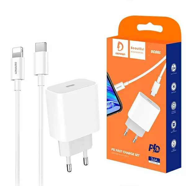 ŁADOWARKA SIECIOWA 3,6A 20W BIAŁA DENMEN + KABEL IPHONE 3600mA DC06 PD TYP-C DO IPHONE 1 ŁADOWARKA SIECIOWA 3,6A 20W BIAŁA DENMEN + KABEL IPHONE 3600mA DC06 PD TYP-C DO IPHONE